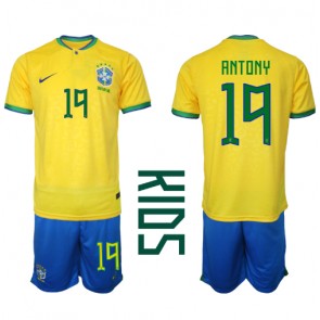 Brazylia Antony #19 Koszulka Podstawowych Dziecięca MŚ 2022 Krótki Rękaw (+ Krótkie spodenki)